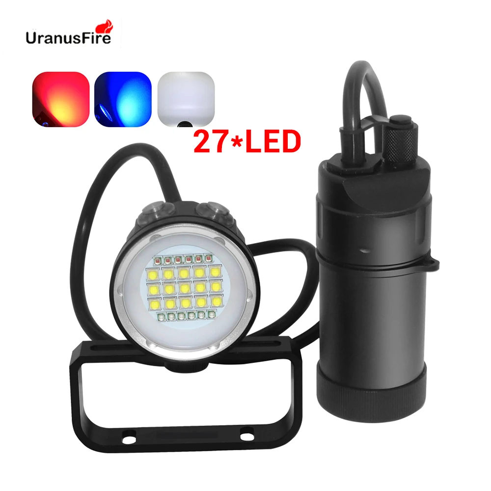 

27 LED Canister Diving Video Light Waterproof 100m Underwater XM L2 Scuba Dive Torch Rechargeable 18650 Led Split Flashlight