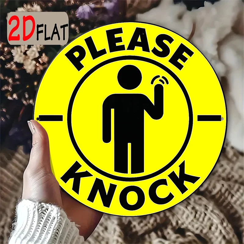 2D Metal Sign, 7.87x7.87 Inch Round Aluminum Please Knock Sign for Restaurant Study, Daily or Holiday Decorative Gift