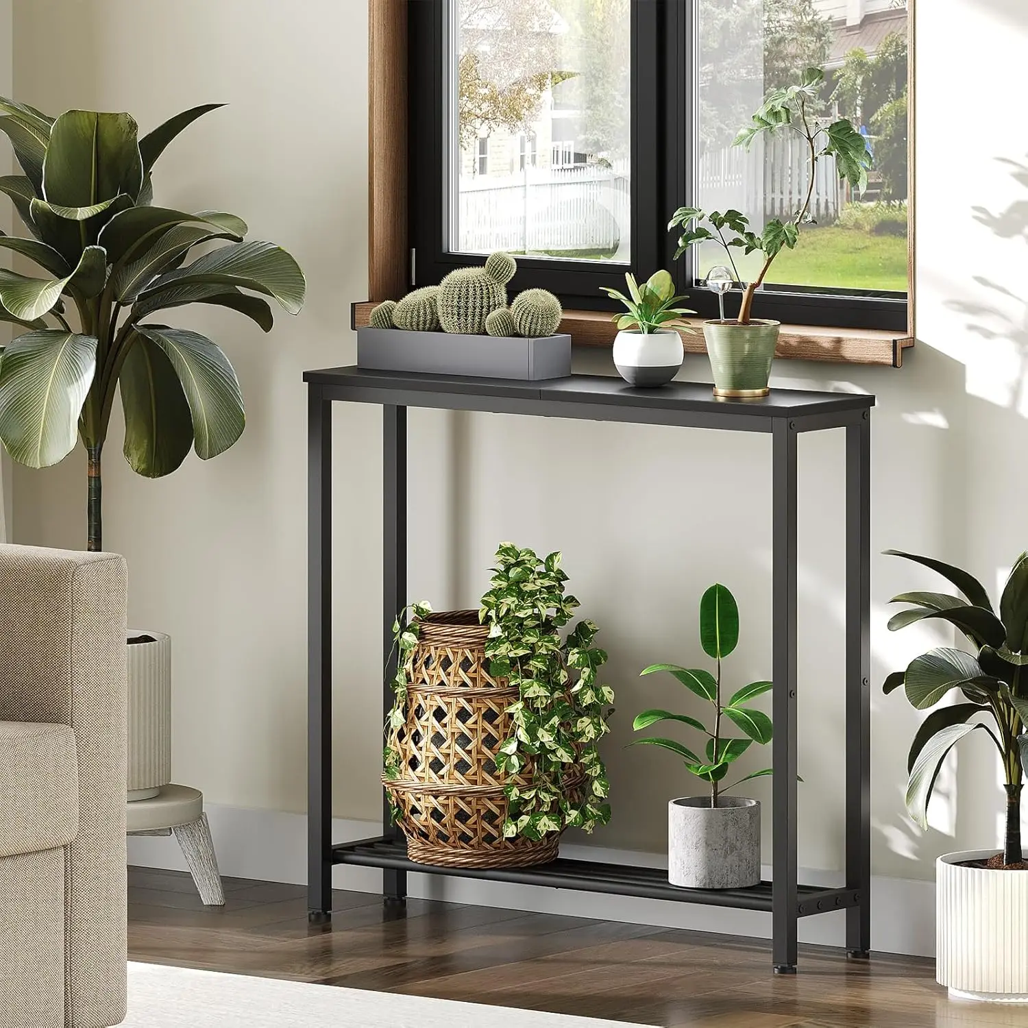 Slim Console Table with Shelves, Industrial Style Entryway Sofa Table for Living Room, Black