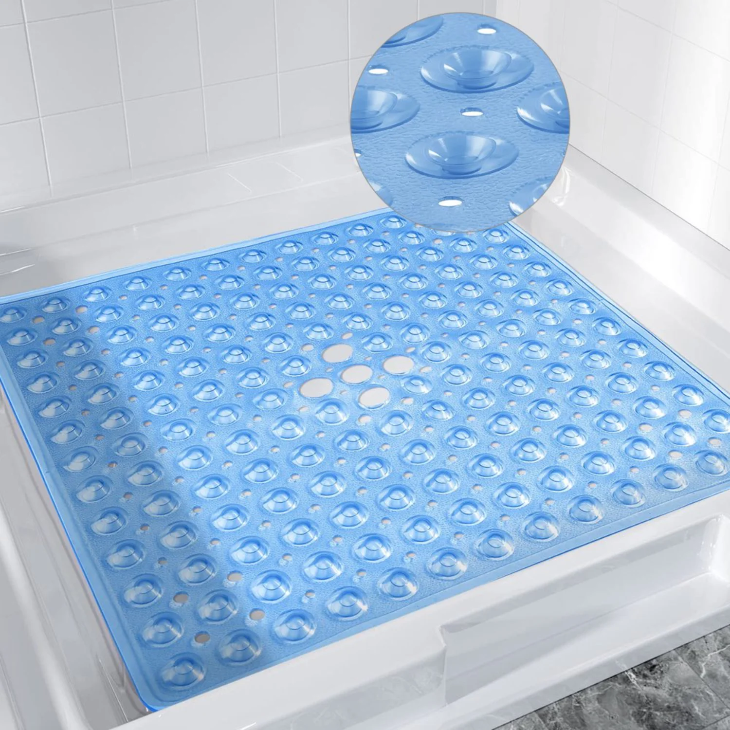 Non-Slip Shower Mat 21x21 inch Square | Firm Grip, Anti-Slip with Suction Cups and Drain Hole | Clear Blue | Bathroom Bath Tub M