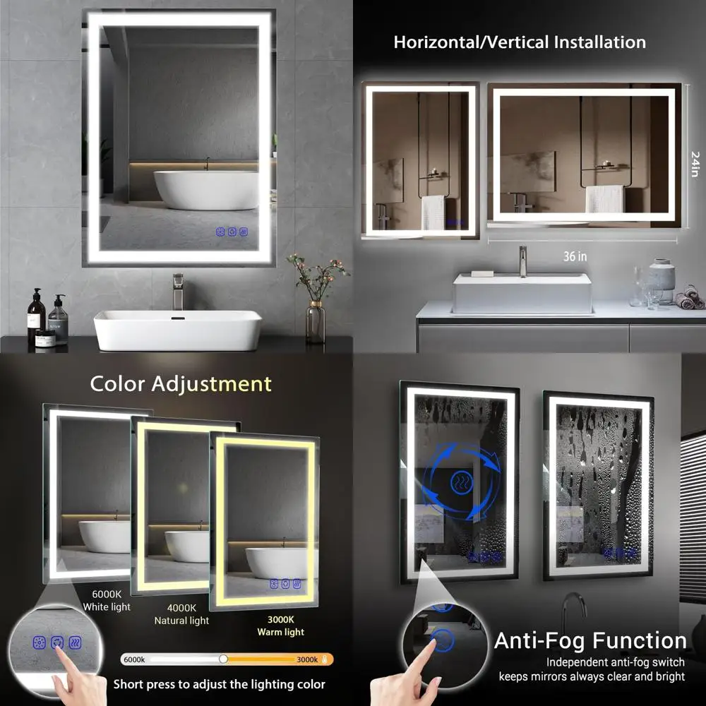 مرآة حمام ذكية مضيئة بإضاءة LED، شاشة لمس مثبتة على الحائط مقاس 36 × 24، مرآة زينة قابلة للتعتيم مع تعديل ضوء بدون خطوات