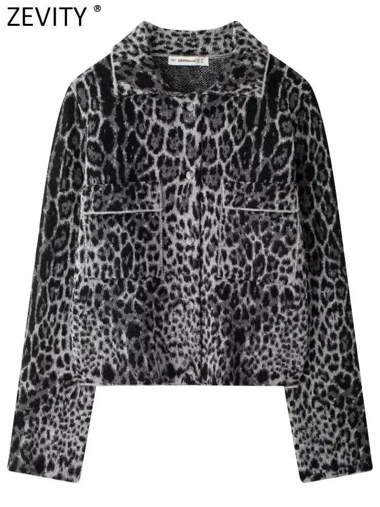 ZEVITY Women Fashion Safari Style Leopard Print Knitting Casual Jacquard Jacket Female Chic Outerwear Autumn Coat Tops CT7172