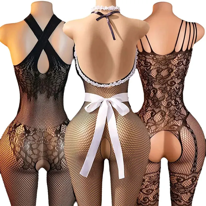 Crotchless Body Suit For Night Sex Orgy Toy Net Lingerie Exposed Breasts Open Crotch Hollowed Out Anal Design Teddy Women Allure
