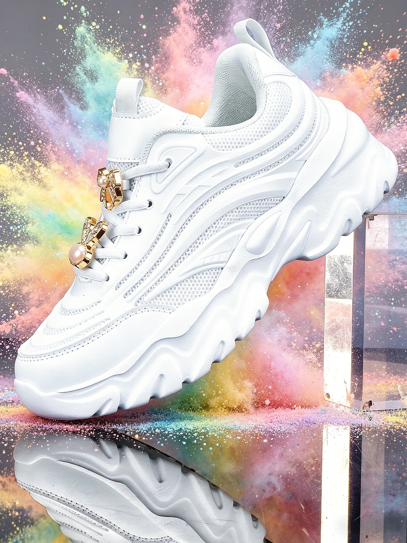 

Women's 5cm Height-Increasing Thick-Soled Vulcanized Shoes with Gold Bunny Bow Decoration, Unique Design, White Casual Sports Shoes for All Seasons, Mesh Breathable, Soft Sole, Lightweight, Suitable for Daily Commuting, Versatile for Multiple Occasions, T