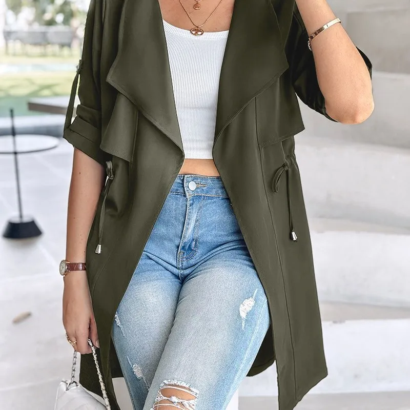 

Женская осенне-зимняя модная свободная однотонная ветровка без рукавов средней длины с завязками на талии, кардиган