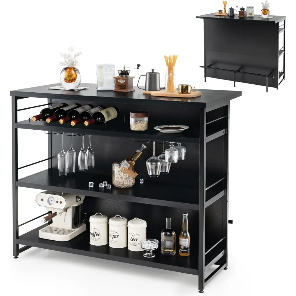 Home Bar Unit, 4 Tier Liquor Bar Table with Footrest, Wine Bottle Racks, Glass Holder, Industrial Corner Mini Coffee Bar Cabinet