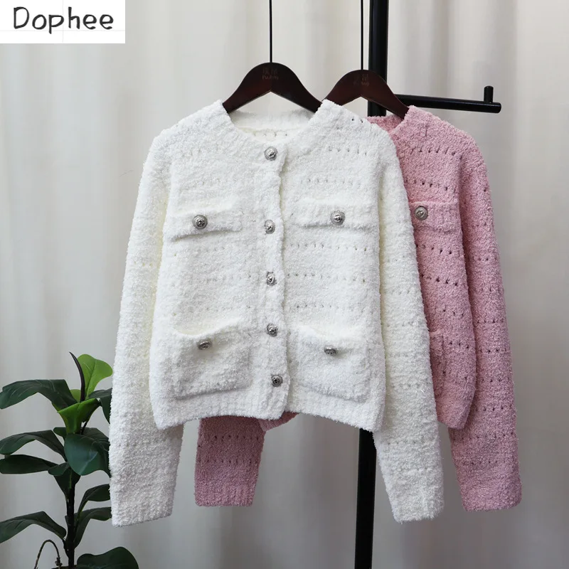 

Dophee New Autumn Winter Elegnat Women Knitted Cardigan Top Korea Single-breasted O-neck Loose Long Sleeve Sweater Knit Coat