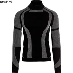 New 2026 Fashion Men's Long Sleeve Tight Tee Streetwear Basic Tops Clothes Man Stand Collar Slim Patchwork Pullover Clothes Male