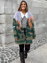 ZBZA Cardigan da donna in maglia stampata allentata Colorato scollo a V motivo paesaggio vintage monopetto Maglione a maniche lunghe autunno Nuovo Outwear femminile chic