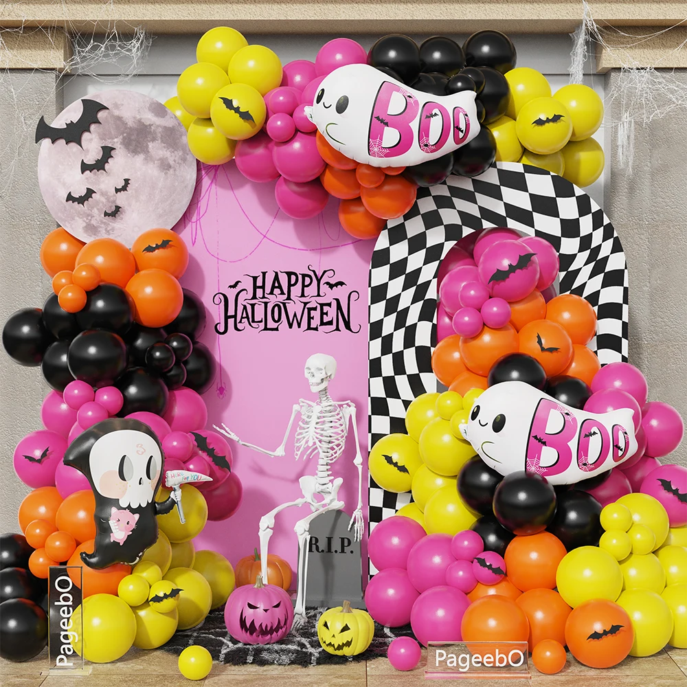 

152pcs Halloween Balloon Garland Arch Kit BOO Ghost Grim Reaper Foil Balloon Yellow Pink Balloons Halloween Themed Party Decor