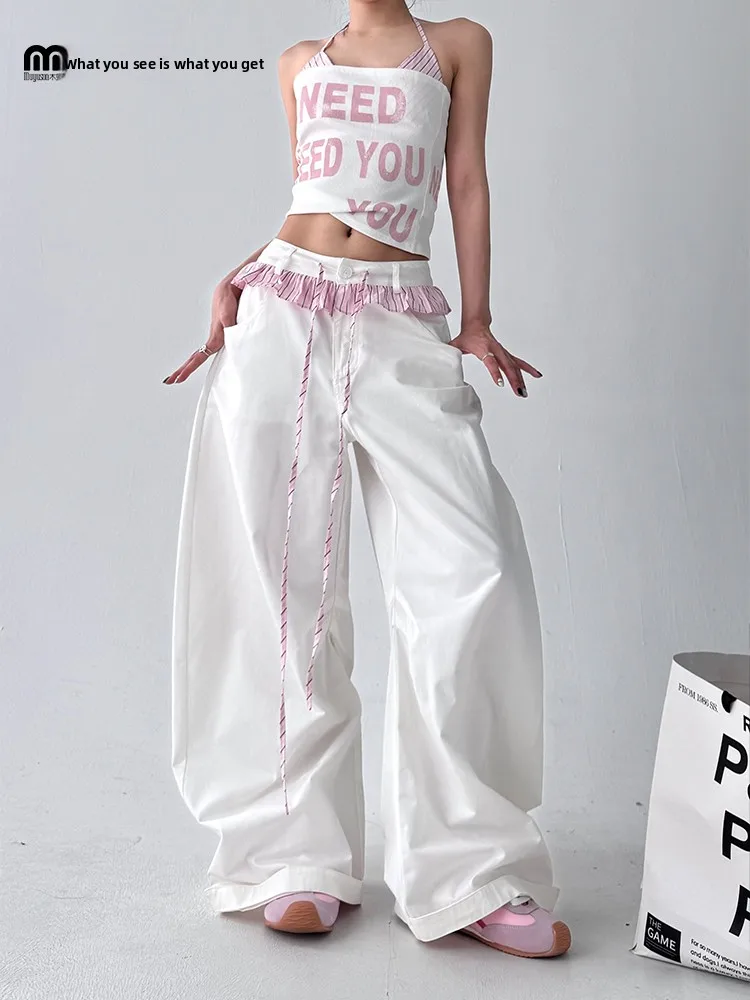 High Waist Loose Casual Pants Women's Spring Summer Floral Lace Splicing Wide Leg Pants Comfortable Breathable Cotton Trousers