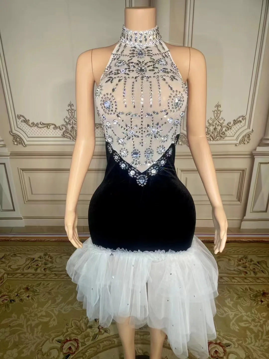 Personalizzato maglia garza pizzo trasparente alta elastico paillettes Sexy Backless vestito stretto vestito da festa di compleanno vestito da prestazione