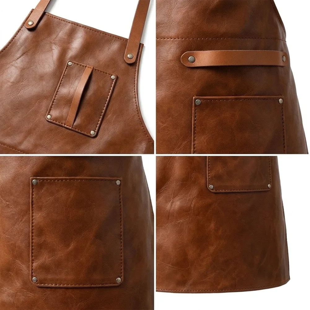 PU leather BBQ apron 86x65cm waterproof and stain resistant 3 pockets brown coffee black for kitchen and grilling purposes