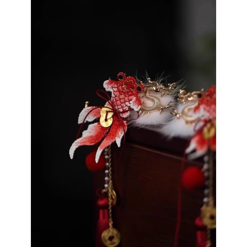 Chinese New Year Red Koi Fish Hair Clip Cute for Kids Girls Twin Tails Hairstyle Ancient Lolita Style Tassel Lucky Charm Gift view 6