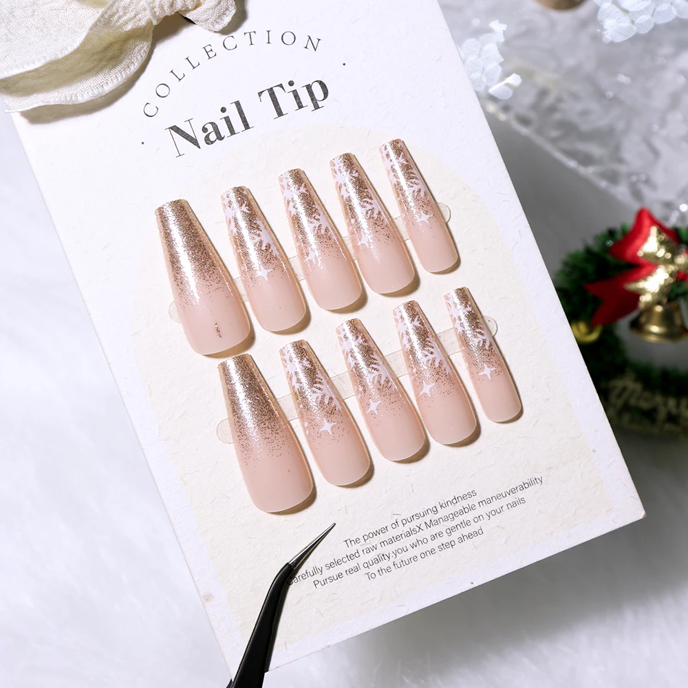 24pcs Gold Glitter Snowflakes Christmas Fake Nails Mid-Long Coffin Press On Nails Winter New Year Women Ballerina Fake Nails Tip