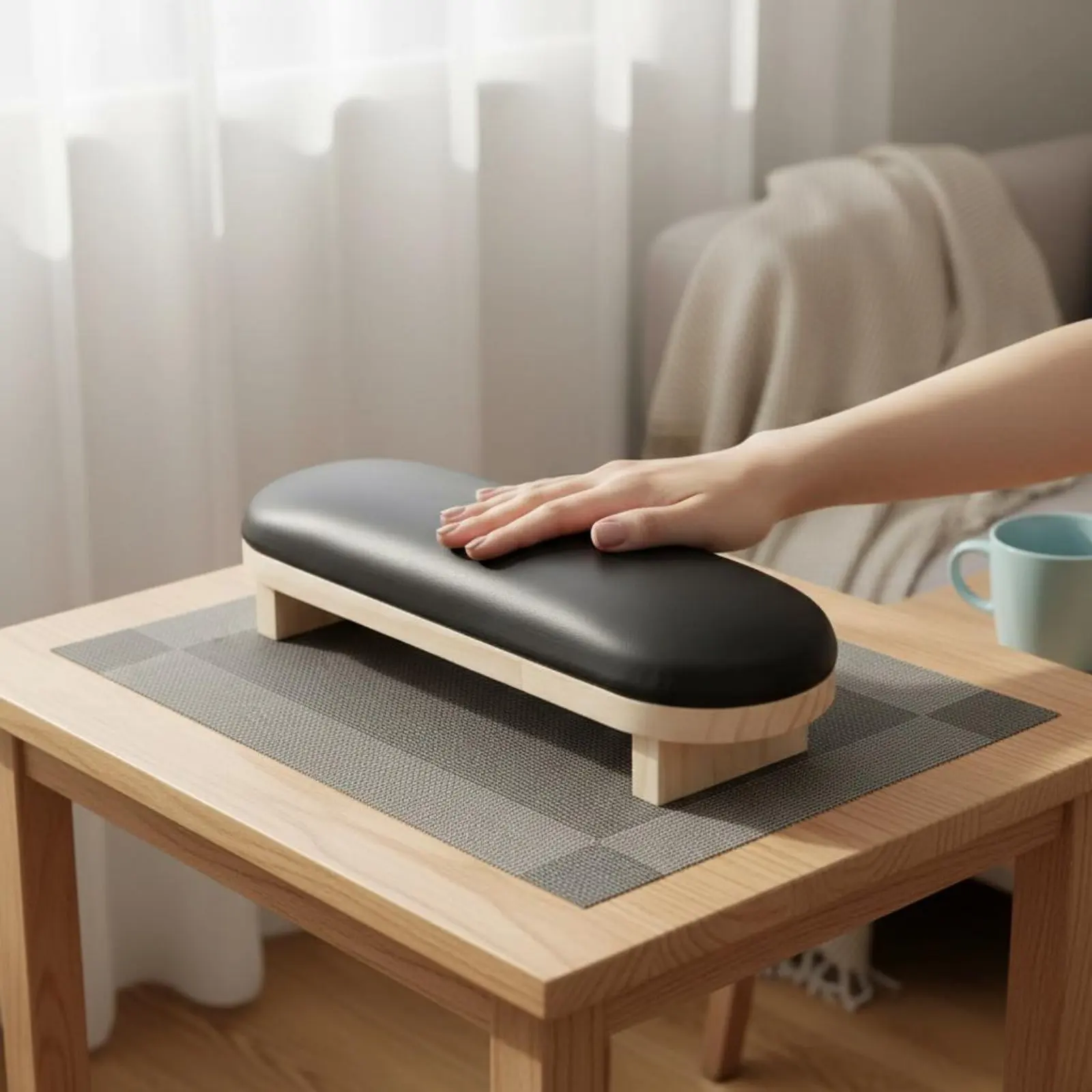 Manicure Wrist Rest Pillow Easy to Clean PU Leather Manicure Pad Nail Art Hand Rest Sturdy Wood Base PU Leather Nail Pad