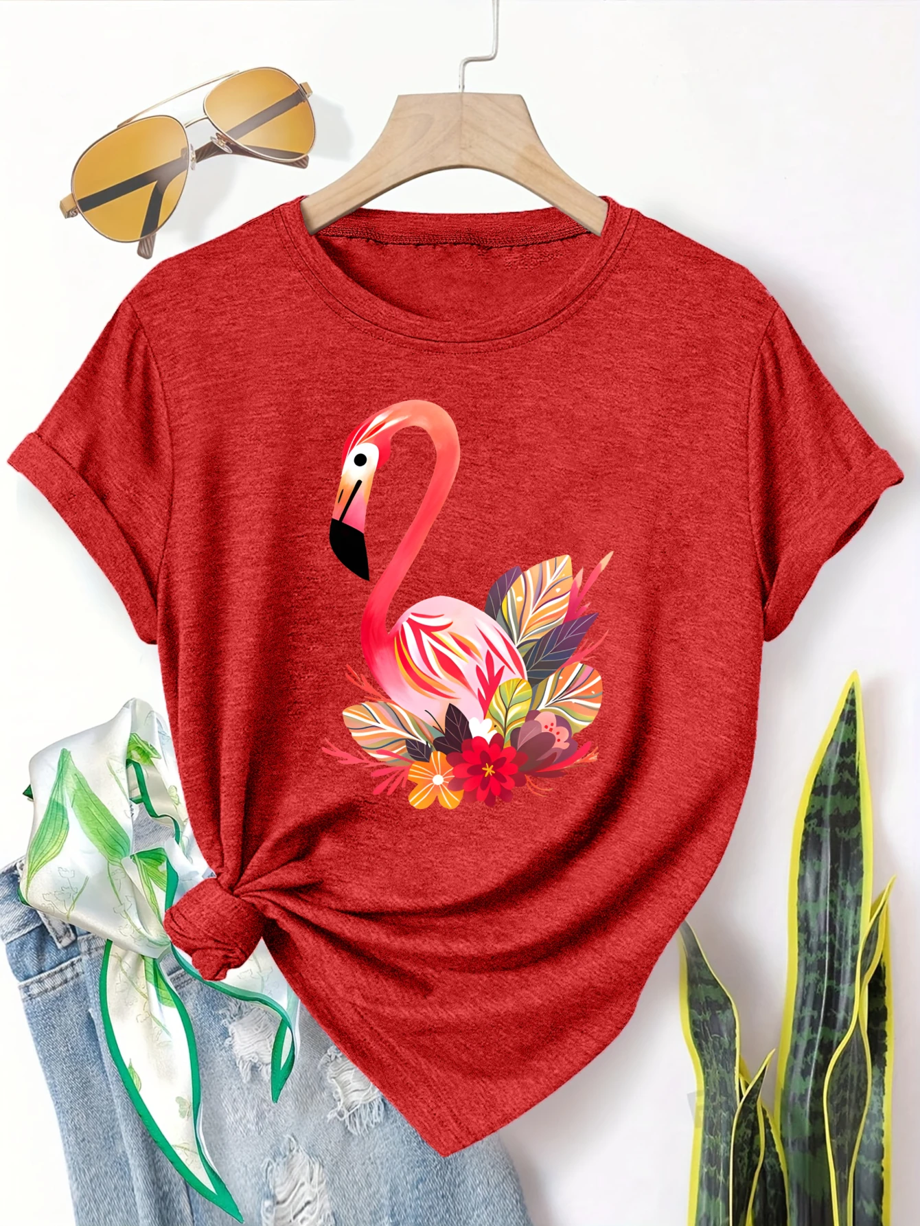 

Plus size women's short sleeve T-shirt Flamingo With Tropical Leaves Spring and Summer Essentials summer outfits women's