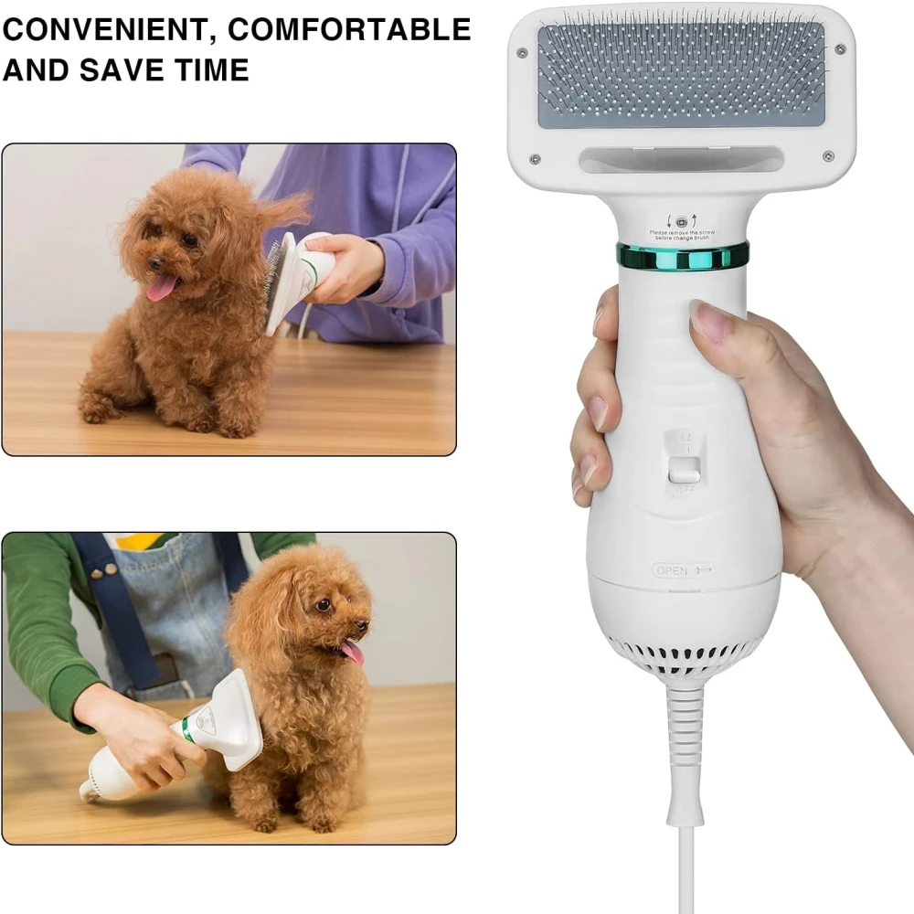 Pet Hair Dryer 2 in 1 Quiet Portable Pet Grooming Blower with Slicker Brush 2 Heat Setting Pet Hair Removal Comb Home Pet Care