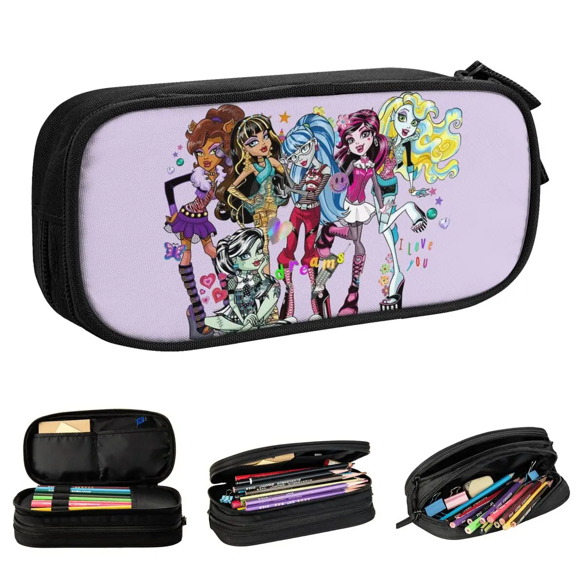 Large Pencil Pouch 90s Monster High Fashion Doll School Supplies Double Layer Pen Case Girl Make Up Bag Birthday Gift