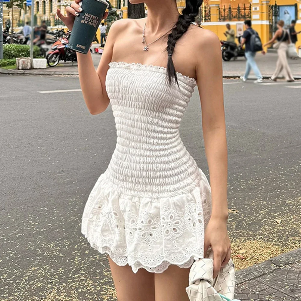 Abiti Primavera Estate Moda coreana scava fuori smocking con spalle scoperte mini abiti casual senza spalline per le donne