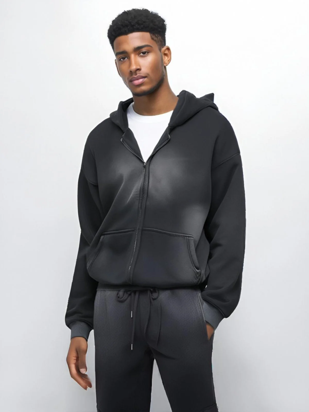 

Men's Oversize Hooded Zipper Jaet Bla Vintage American Sle Streetwear Spring Autumn Winter Fce Lined adual Pattern