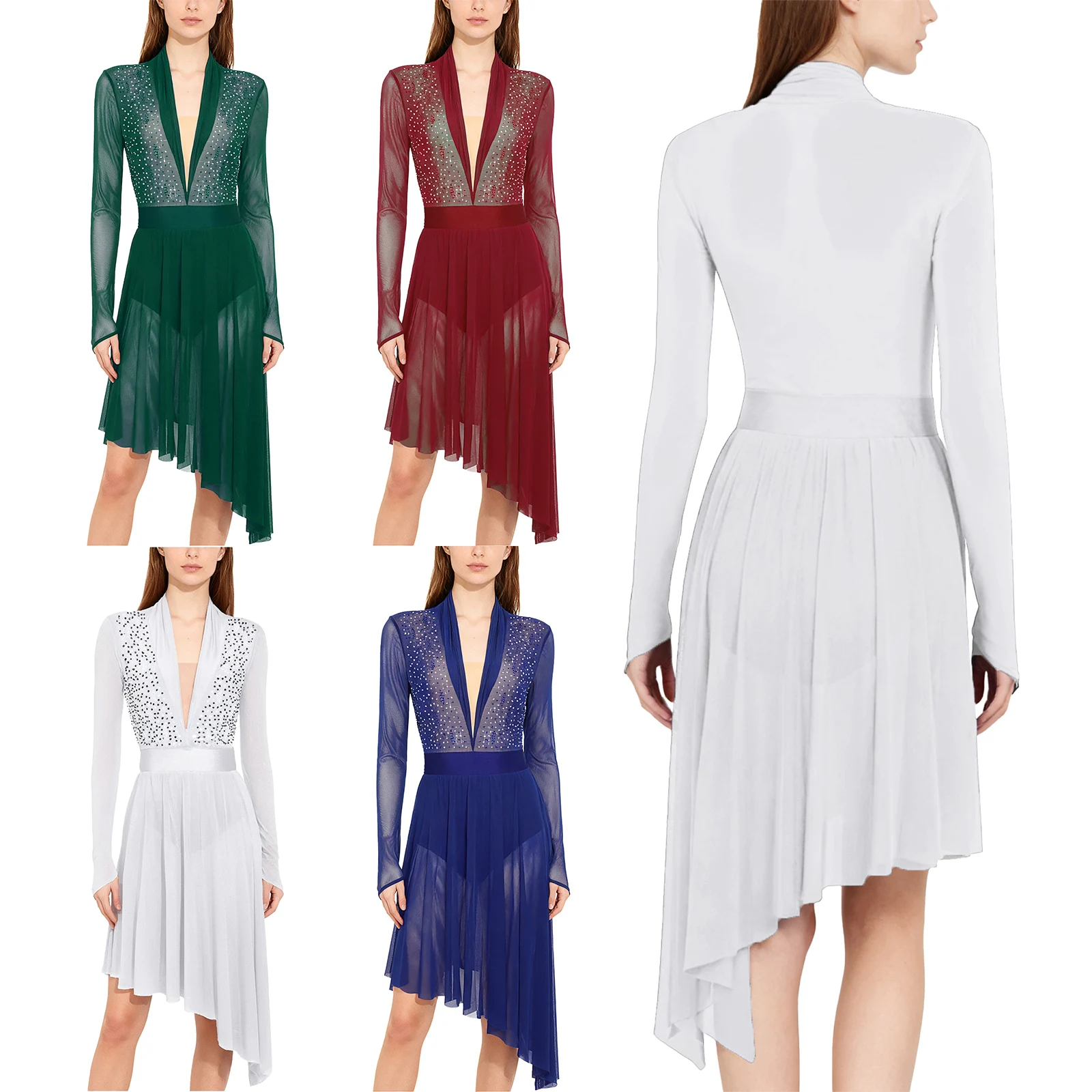 Women Ballet Lyrical Dancing Dress Sheer Mesh Long Sleeve Shiny Rhinestone Ruffled Dress for Stage Performance Competition