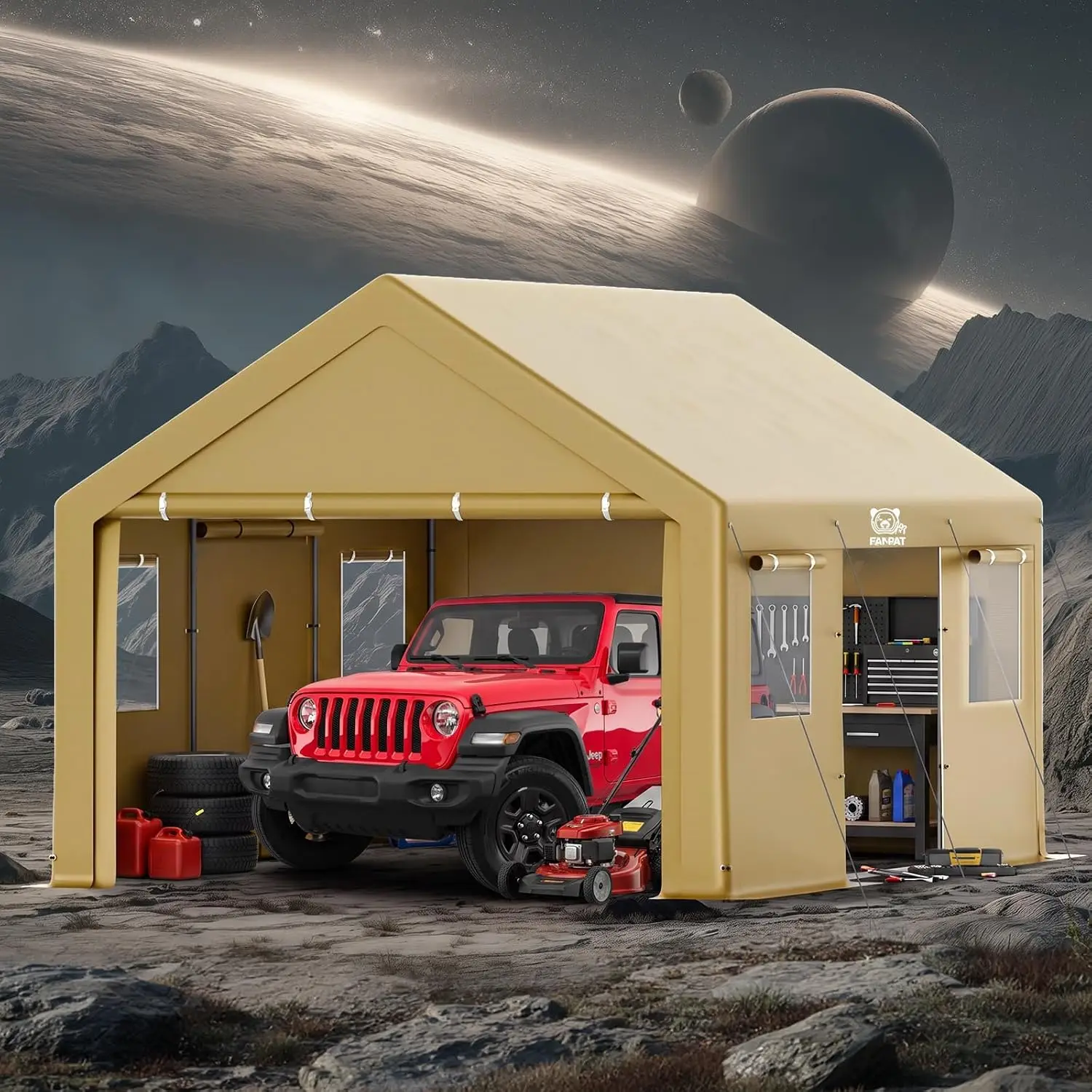 Heavy Duty Carport 13x20ft with Removable Sidewalls & Doors, Outdoor Vehicle Shelter Storage Tent, Khaki, Customized