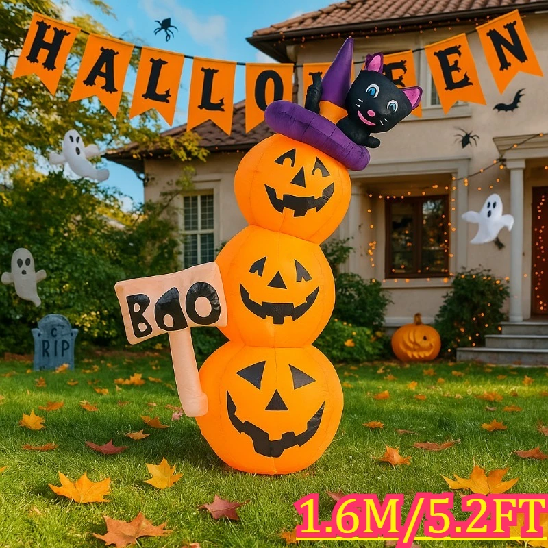 5.2FT Halloween Inflatable Toys Pumpkin Tower with Cat Inflatable Model Party Outdoor Garden Indoor Decorations with LED Lights