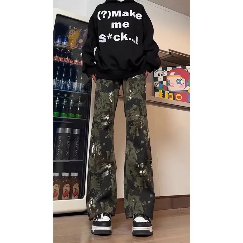 Black Snake Pattern Flared Scimitar Jeans For Men American Retro High Street Vibe Straight Pants