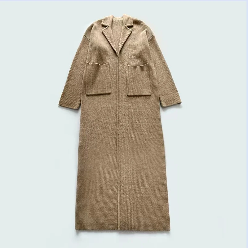 Autumn and winter wool double pocket flip collar elegant knitted long coat jacket