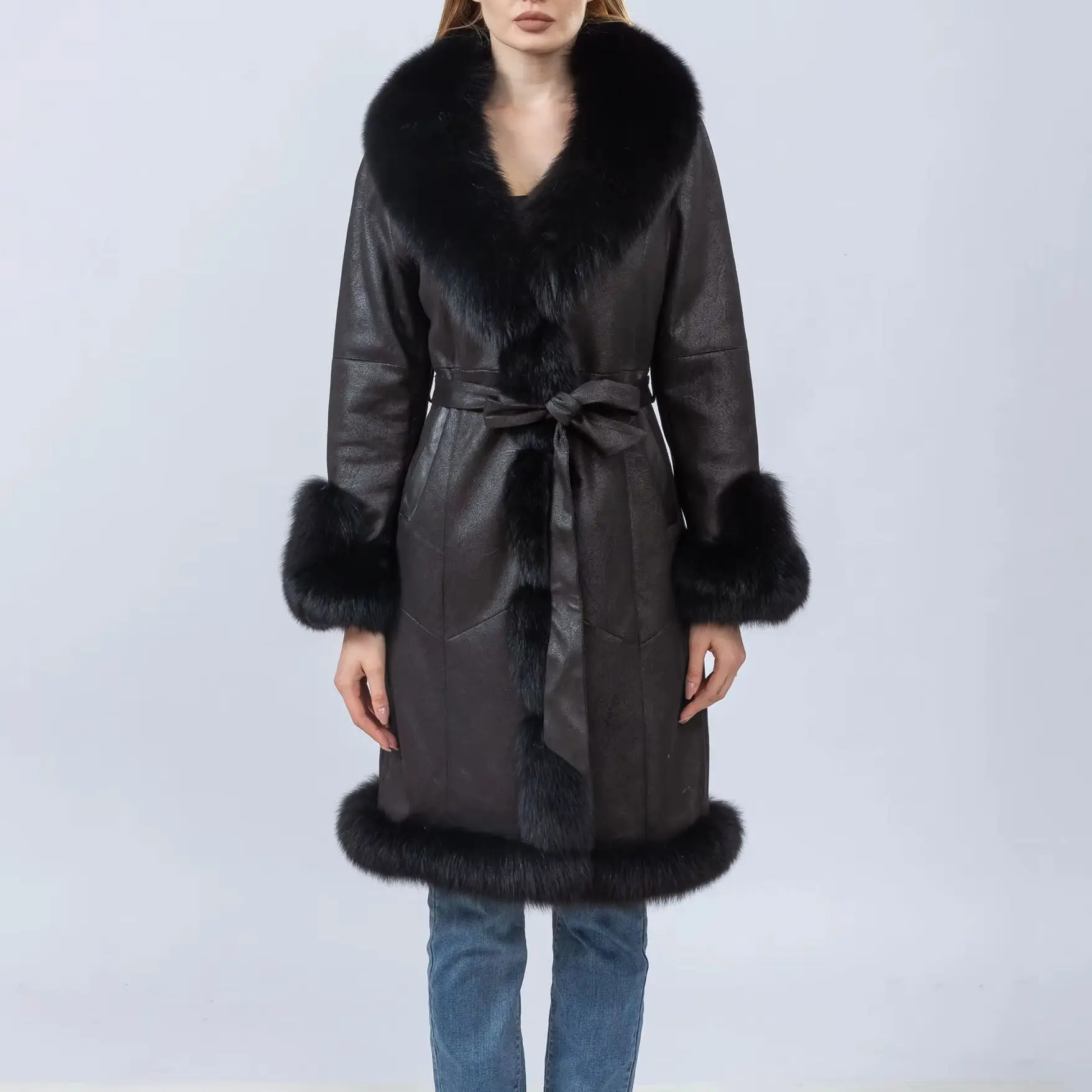 Rabbit Fur Lining Full Pelt Coat for Women, Natural Fox Fur Collar, New Style, Autumn and Winter, B230621