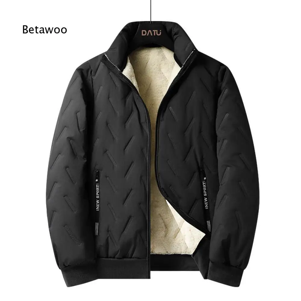 Geometric Stitching Fleece Lined Padded Jacket for Men Stand Collar Zip Up Front Side Zipper Pockets Warm Daily Casual Outerwear