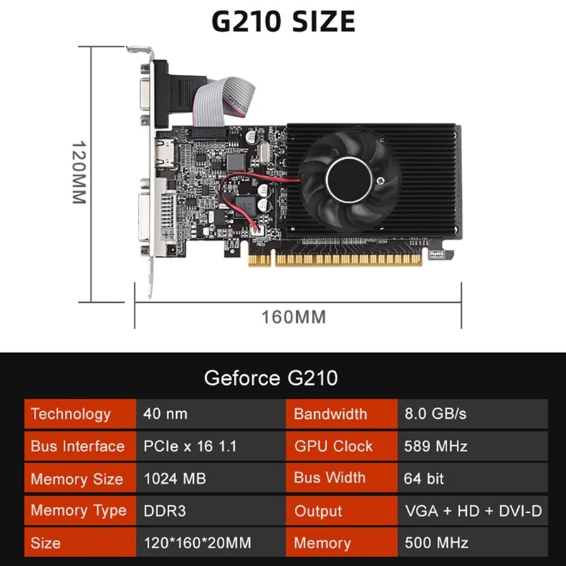 

GT210 1G DDR3 видеокарта 64 бит 589 МГц 500 МГц DVI + VGA + HDMI-совместимая замена видеокарты