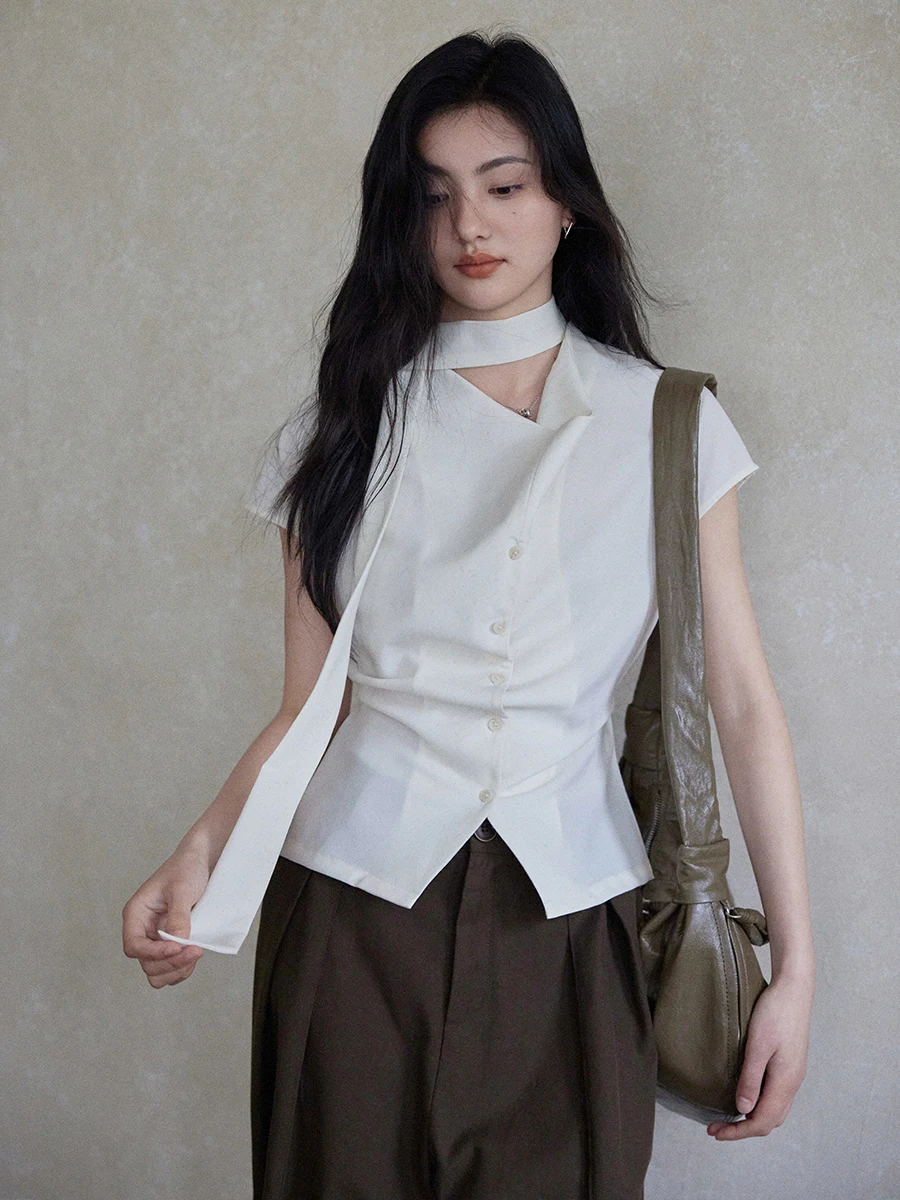 

Дизайнерская женская льняная блузка с V-образным вырезом, утянутой талией, модная, для повседневной носки, стандартный крой, летняя новинка