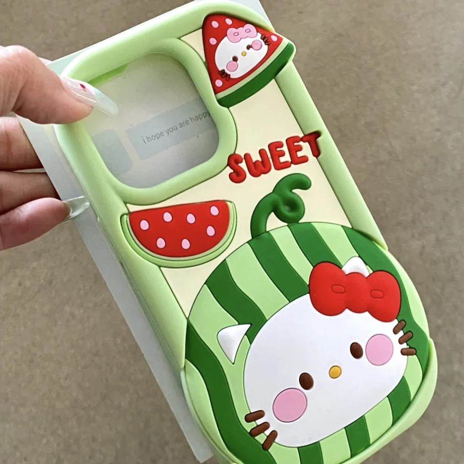 Creative Cute Green Watermelon KT Cat Soft Case for IPhone 15 14 13 12 Pro Max Cartoon Hello Kitty Y2k Girls Shockproof Cover