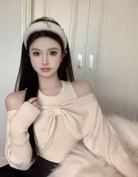 女性用リボン付きニットセーター,裸の肩のトップス,韓国のファッション,新しい服,y2k,秋冬,2024