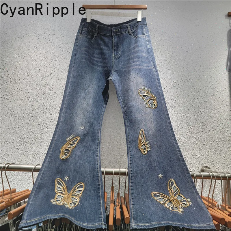 2026 New Spring Summer High Waist Slimming Flare Jeans Elegant Lady Floor-length Hollow Out Butterfly Straight Denim Trousers