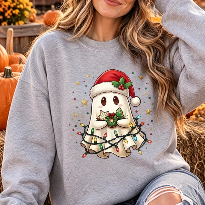 Cute Christmas Ghost Santa Hat Holly Xmas Cookies Colorful String Lights Star Confetti Sweet Festive Graphic Pullover Casual Top