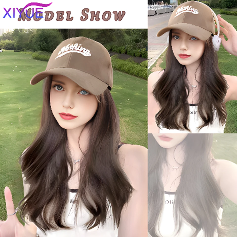 XIYUE  Hat wig female long hair one piece female fashion lazy slightly curly hair baseball cap wig full head cover