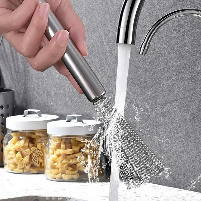 Stainless Steel Cleaning Brush Long Handle Utensil Scrubber Anti-Rust Kitchen Hangable Pan Bowl Brush Cleaning Tool