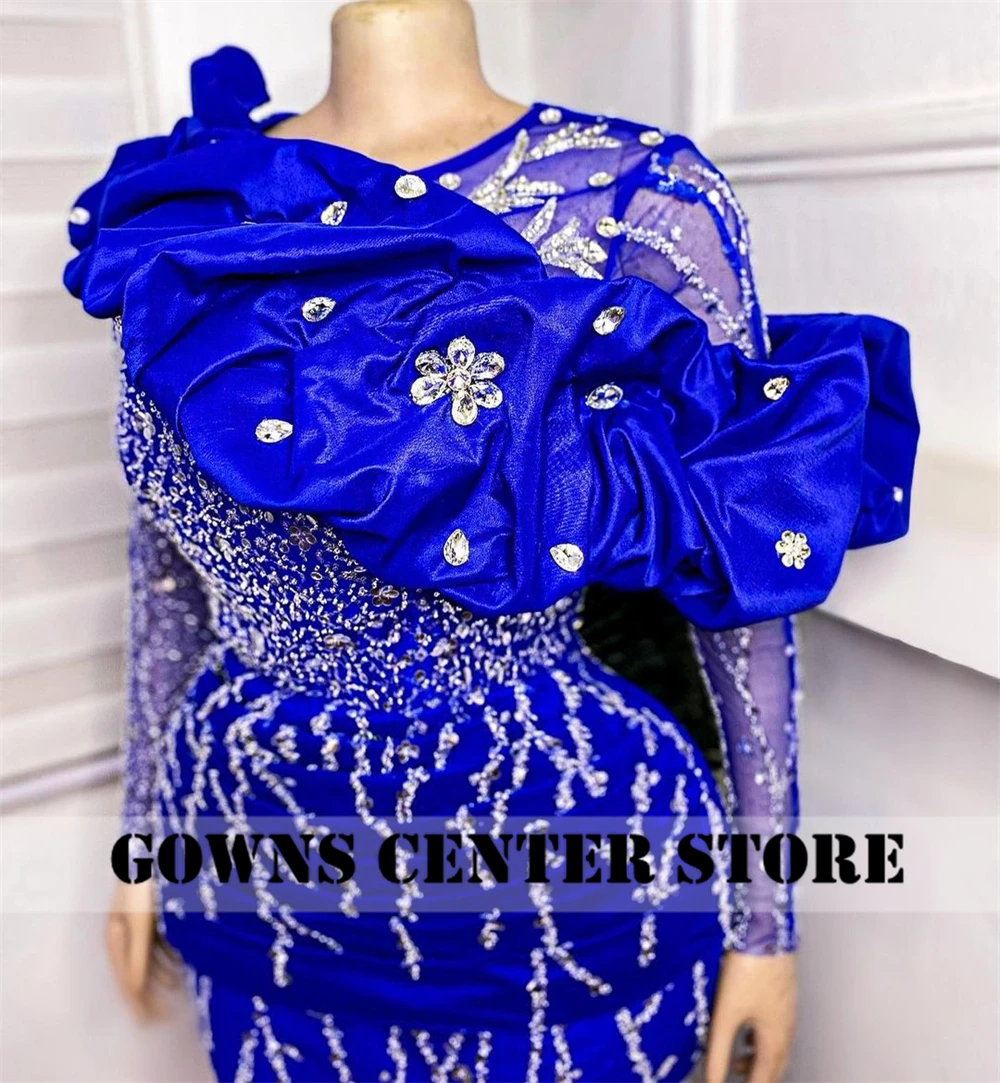 Royal Blue Ruffels Beaded Long Sleeve Aso Ebi Elegant Evening Dresses For Women Luxury Mermaid Dresses For Women Party Wedding