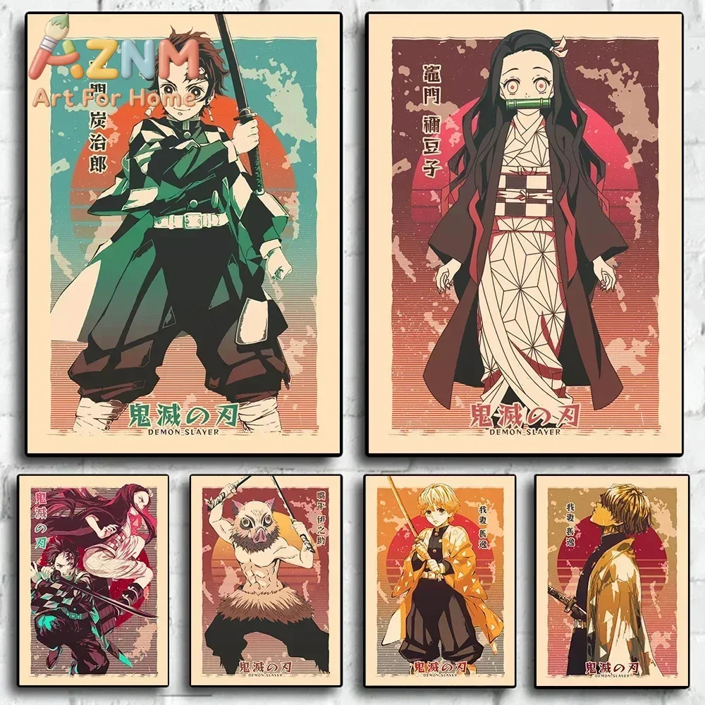 AZNM Demon Slayer Anime Canvas Wall Art Tanjiro Nezuko Zenitsu Inosuke Retro Vintage Style Canvas Print Bedroom Decor Poster