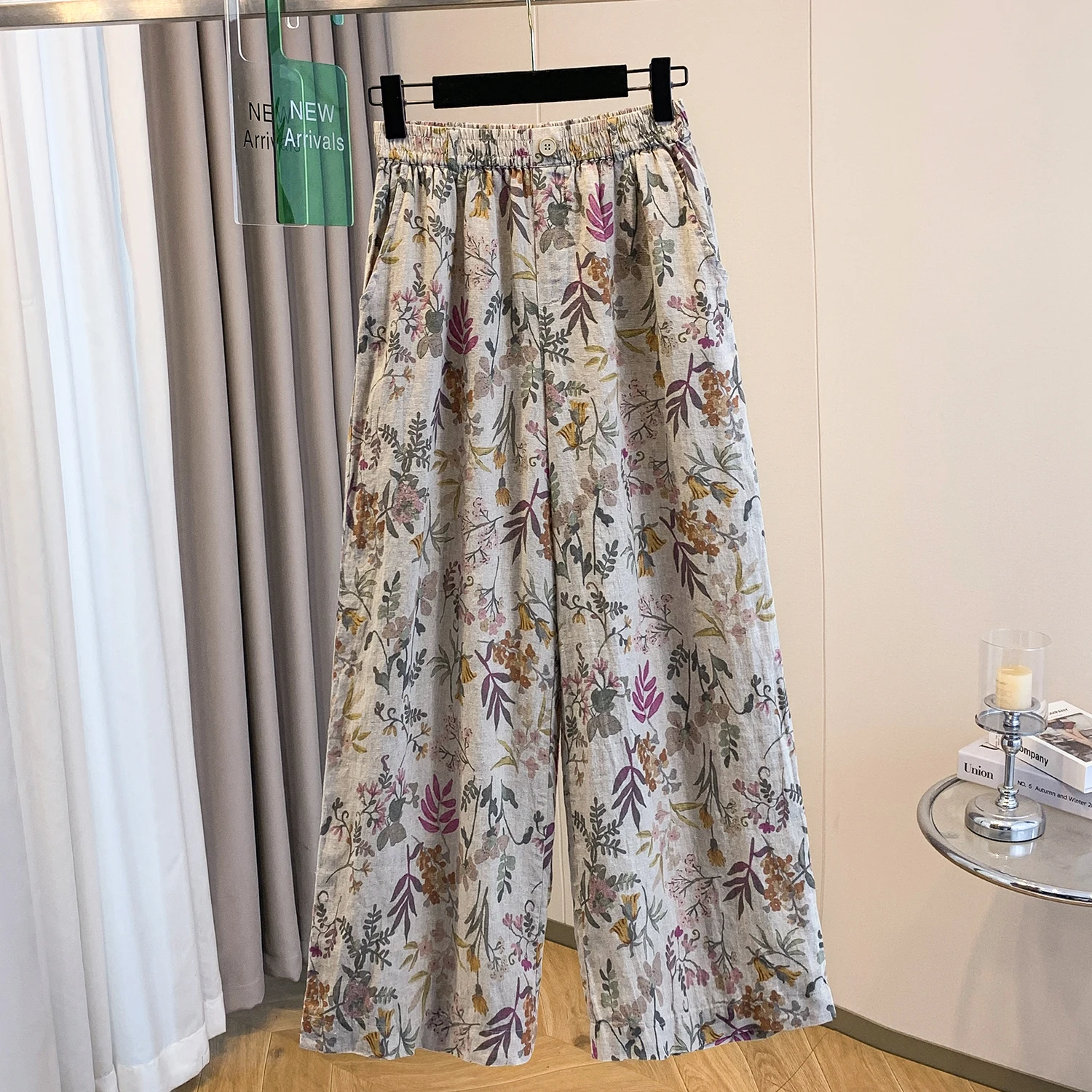 High-End Anti-Aging plus Size Women's Floral Print Elastic Waist Summer Pants Versatile Casual Cotton Linen Blend Wide Leg Tr...