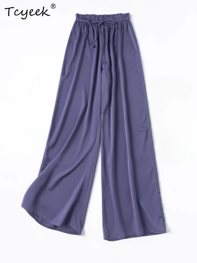 

Tcyeek 93% Mulberry Silk Womens Pants Summer Clothes Casual Wide Leg Pants Women Elastic Waist Solid Color Pantalones De Mujer