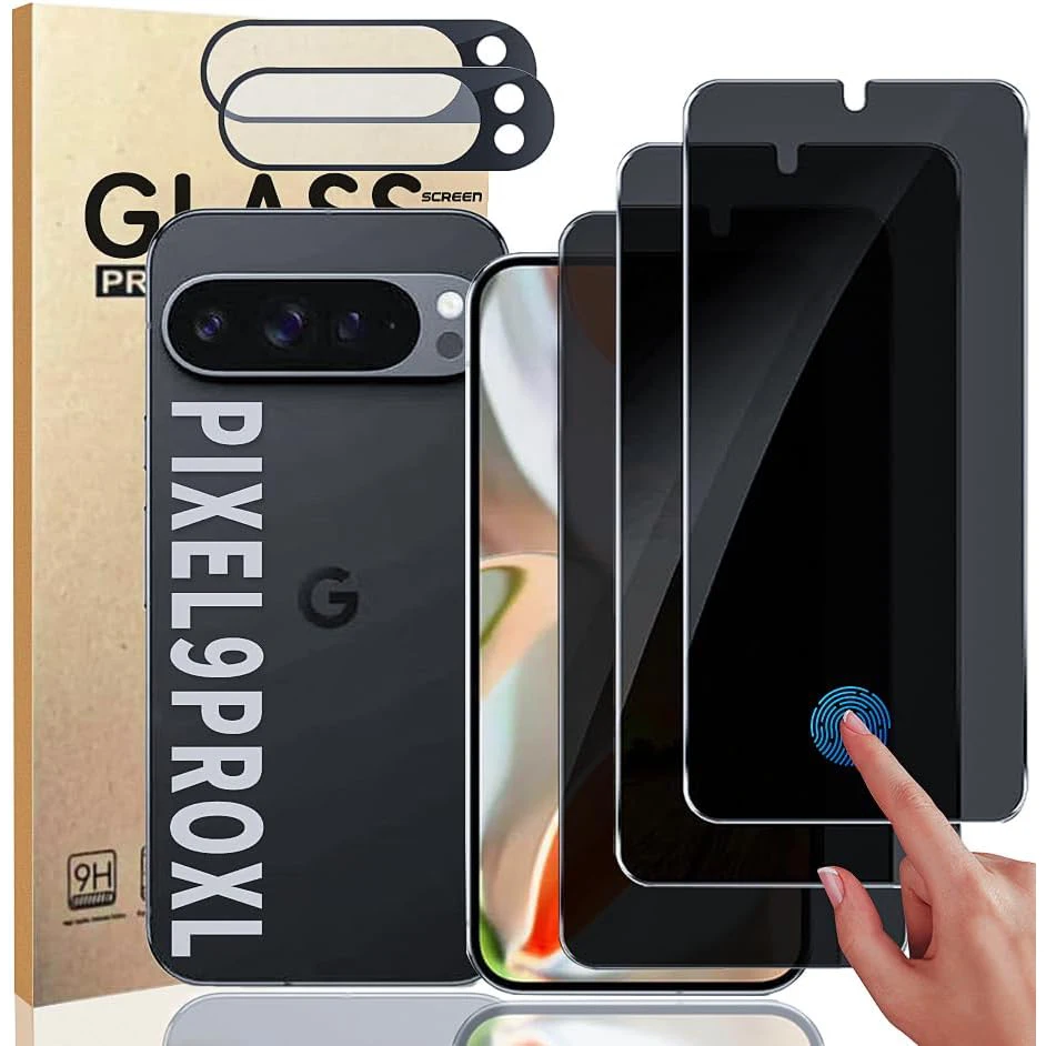 

[Набор из 2+3 штук] Защитная пленка для экрана от подглядывания, закаленное стекло + защита для камеры для Google Pixel 9 Pro XL, разблокировка по отпечатку пальца