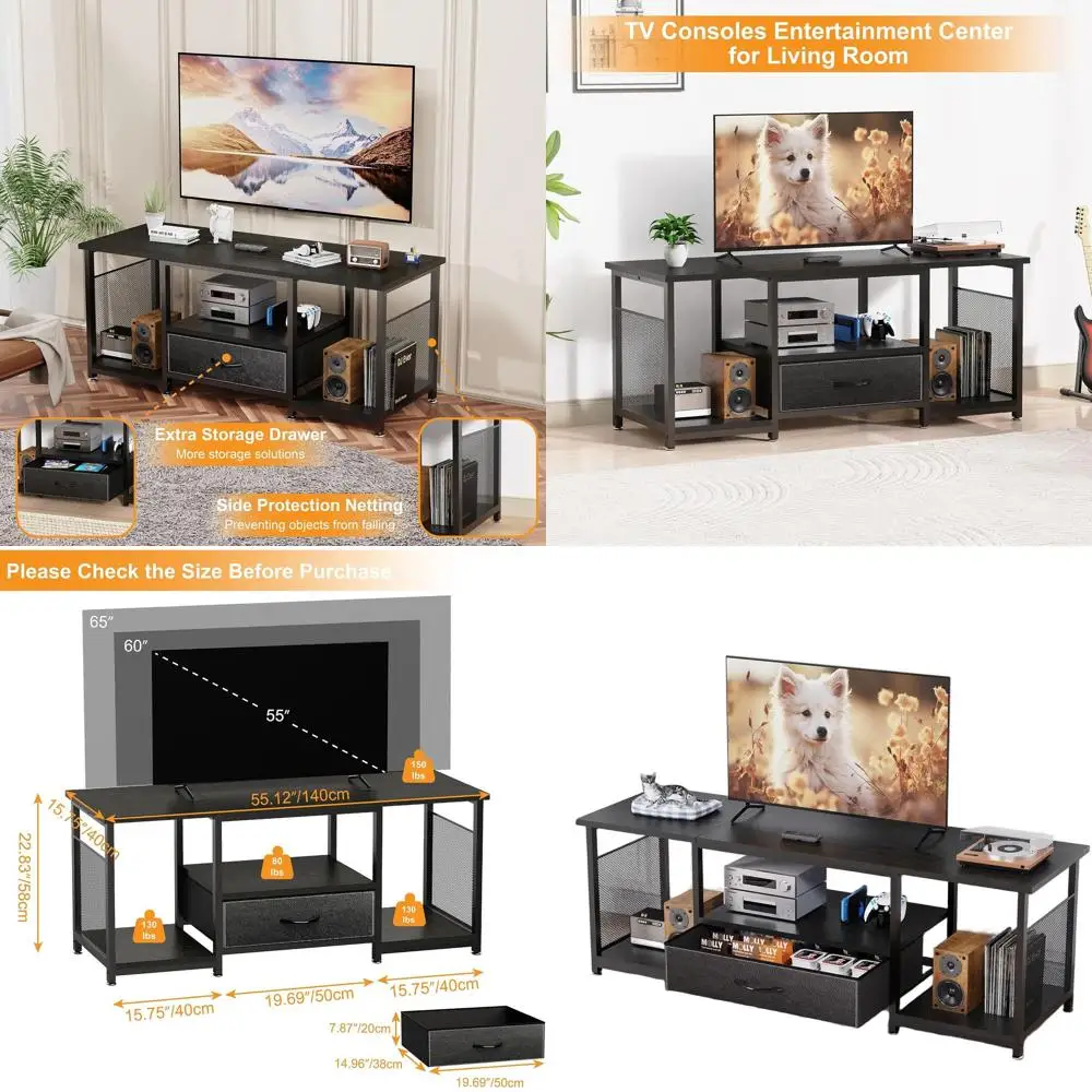 

Подставка для телевизора в индустриальном стиле с ящиками и открытыми полками для телевизоров диагональю 65–55 дюймов, развлекательного центра для гостиной, спальни или