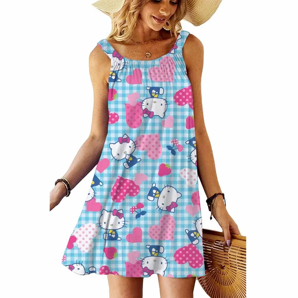 Letnia sukienka z nadrukiem Hello Kitty, seksowna sukienka damska z uroczym nadrukiem Hello Kitty, codzienna, dopasowana, bez rękawów, wygodna sukienka plażowa.
