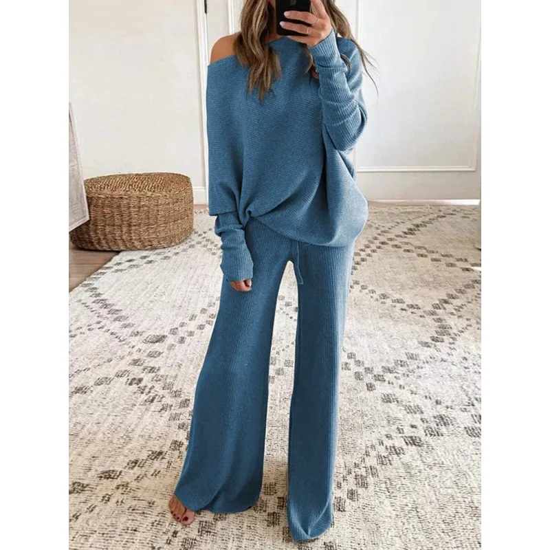 Autumn Ribbed Two Piece Set for Women Elegant Fashion Long Sleeve One Shoulder Hoodies Top Wide Leg Pants Suit Outfits Tracksuit