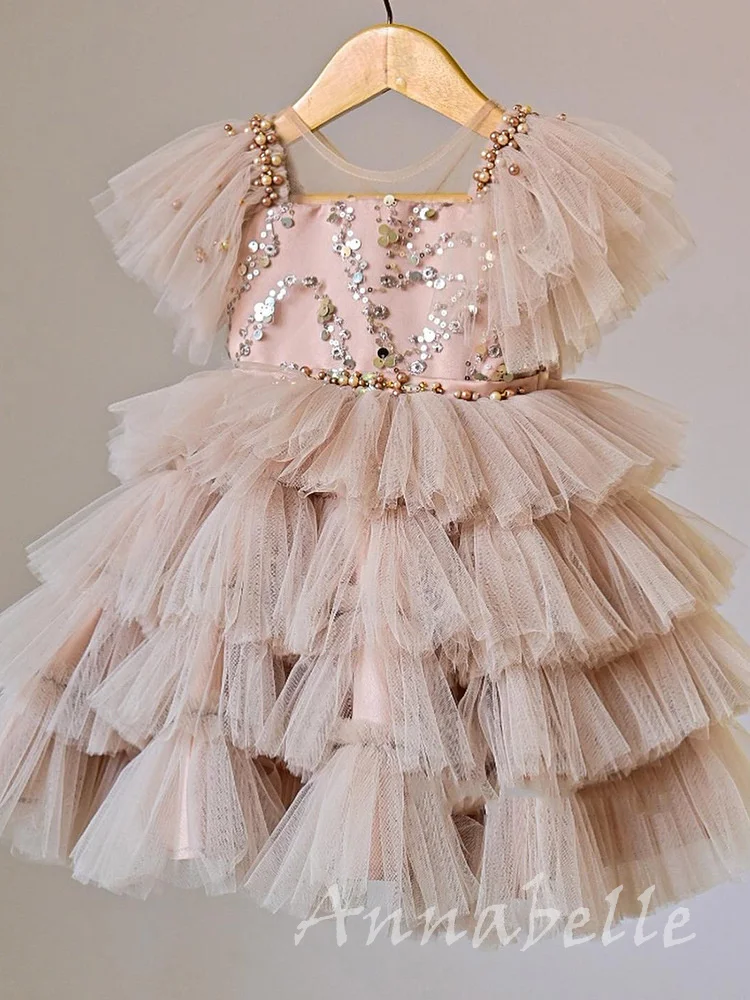 

Annabelle Big Bow Girl Dresses Puffy Sequins Luxury Kid's Dress for Wedding Party Beading Tulle Ball Gown for Baby Girl vestidos