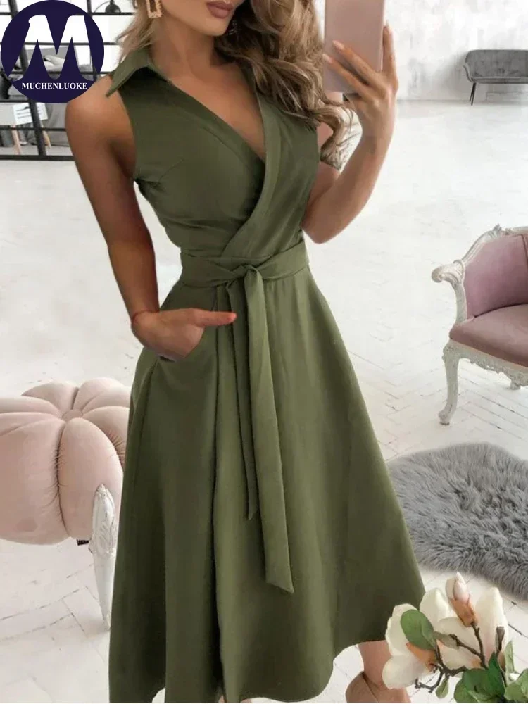 فستان نسائي أنيق وجميل بدون أكمام على شكل حرف v مثير ملفوف للأرداف فساتين سهرة للحفلات موضة صيف جديد 2025